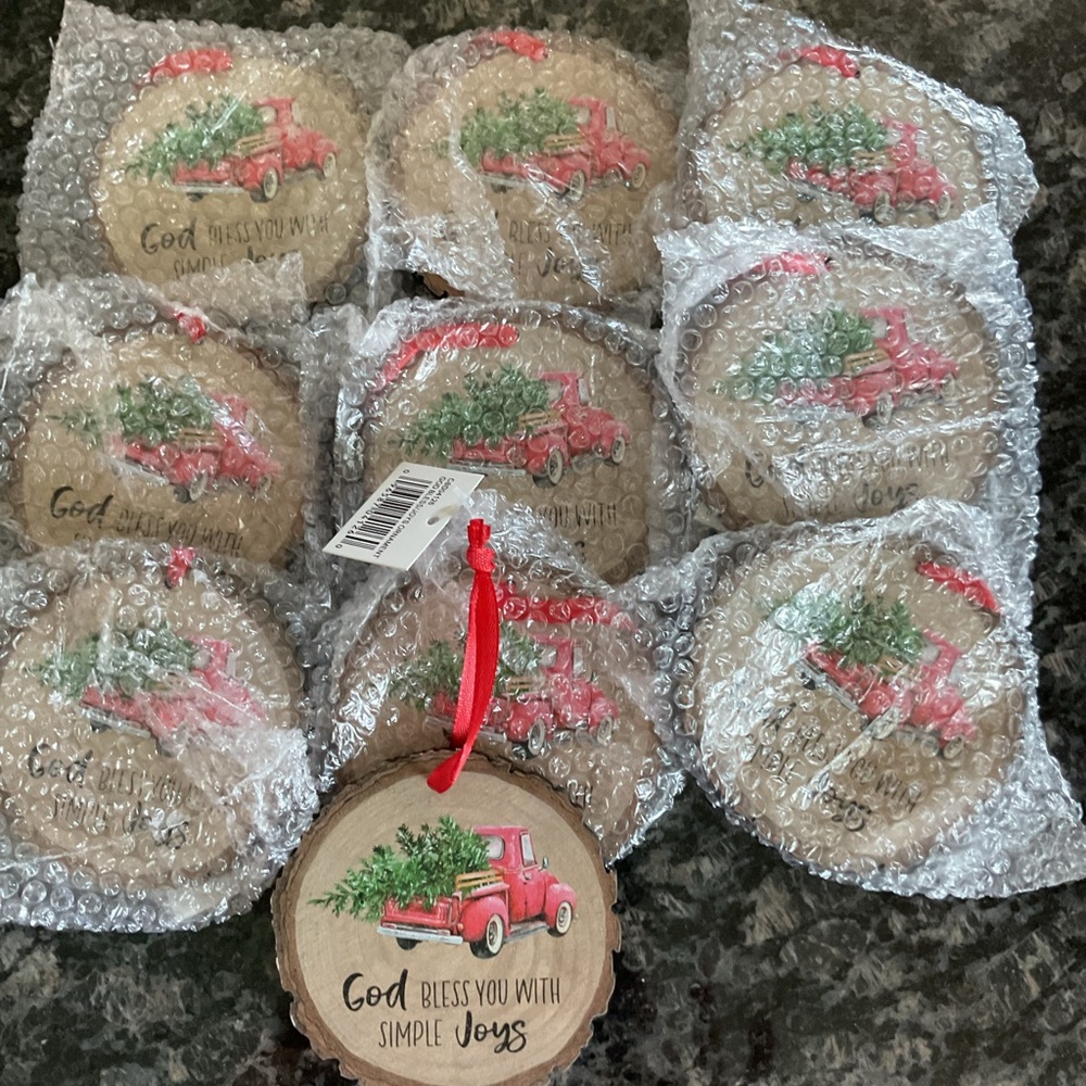 10 Red  Truck Holiday Ornaments - God Bless You With Simple Joys